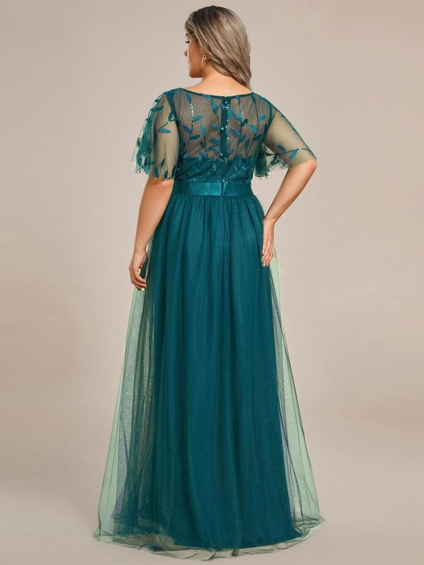 Plus Size Women's Embroidery Evening Dresses with Short Sleeve - Teal