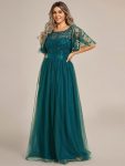 Plus Size Women’s Embroidery Evening Dresses with Short Sleeve – Teal