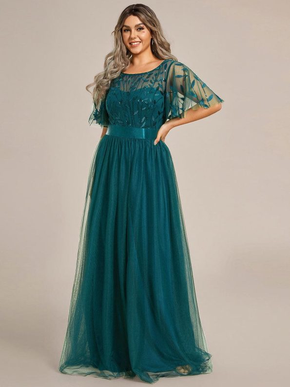 Plus Size Women's Embroidery Evening Dresses with Short Sleeve - Teal