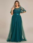 Plus Size Women’s Embroidery Evening Dresses with Short Sleeve – Teal