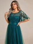 Plus Size Women’s Embroidery Evening Dresses with Short Sleeve – Teal