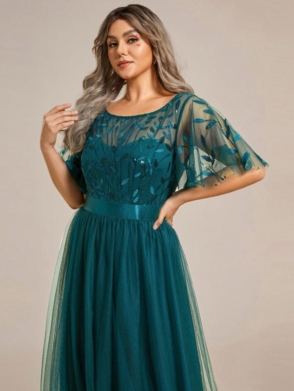 Plus Size Women's Embroidery Evening Dresses with Short Sleeve - Teal