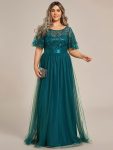 Plus Size Women's Embroidery Evening Dresses with Short Sleeve - Teal