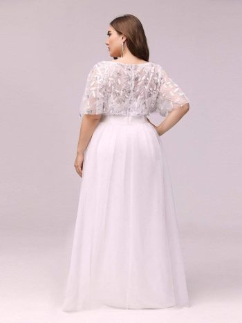 Plus Size Women's Embroidery Evening Dresses with Short Sleeve - White