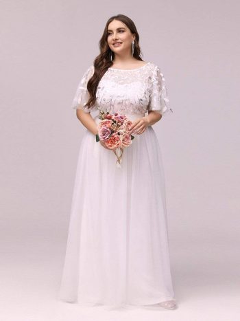 Plus Size Women's Embroidery Evening Dresses with Short Sleeve - White