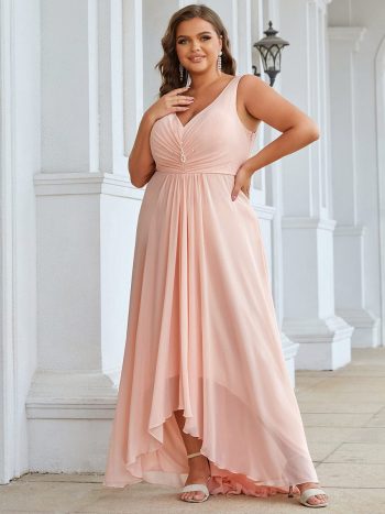 Plus Size Chiffon Formal V-Neck High-Low Cocktail Dress - Pink