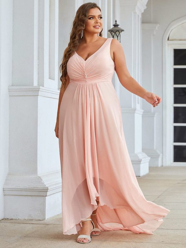 Plus Size Chiffon Formal V-Neck High-Low Cocktail Dress - Pink