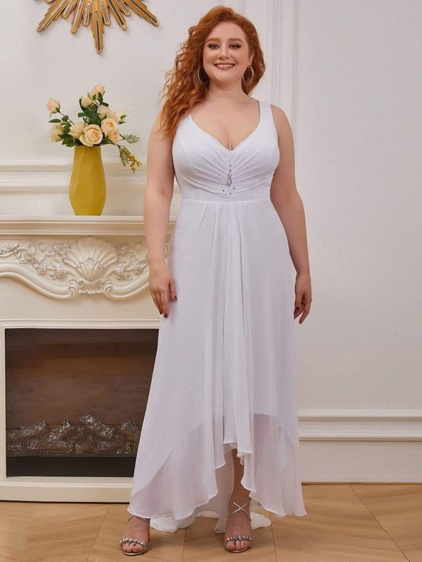 Plus Size Chiffon Formal V-Neck High-Low Cocktail Dress - White