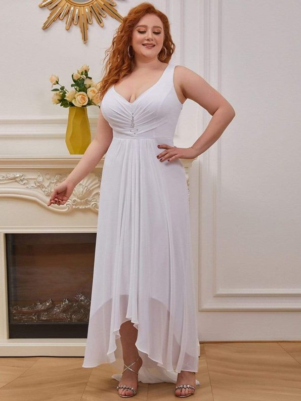 Plus Size Chiffon Formal V-Neck High-Low Cocktail Dress - White