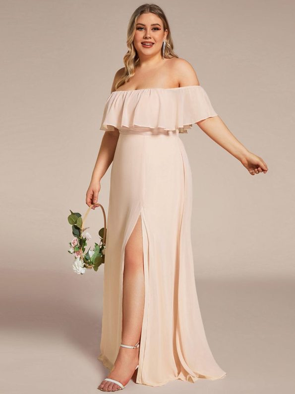 Plus Size Off the Shoulder Formal Bridesmaid Dress with Thigh Split - Blush