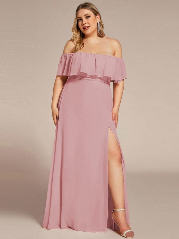 Plus Size Off the Shoulder Formal Bridesmaid Dress with Thigh Split - Dusty Rose