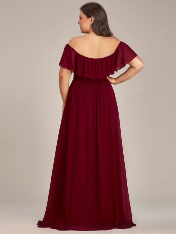 Plus Size Flowy Chiffon High-Low Off The Shoulder Bridesmaid Dress - Burgundy