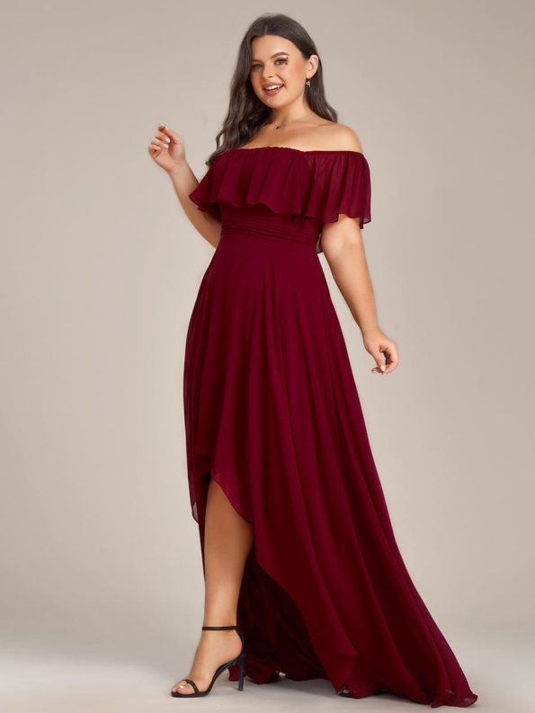 Plus Size Flowy Chiffon High-Low Off The Shoulder Bridesmaid Dress - Burgundy