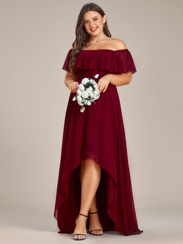 Plus Size Flowy Chiffon High-Low Off The Shoulder Bridesmaid Dress - Burgundy