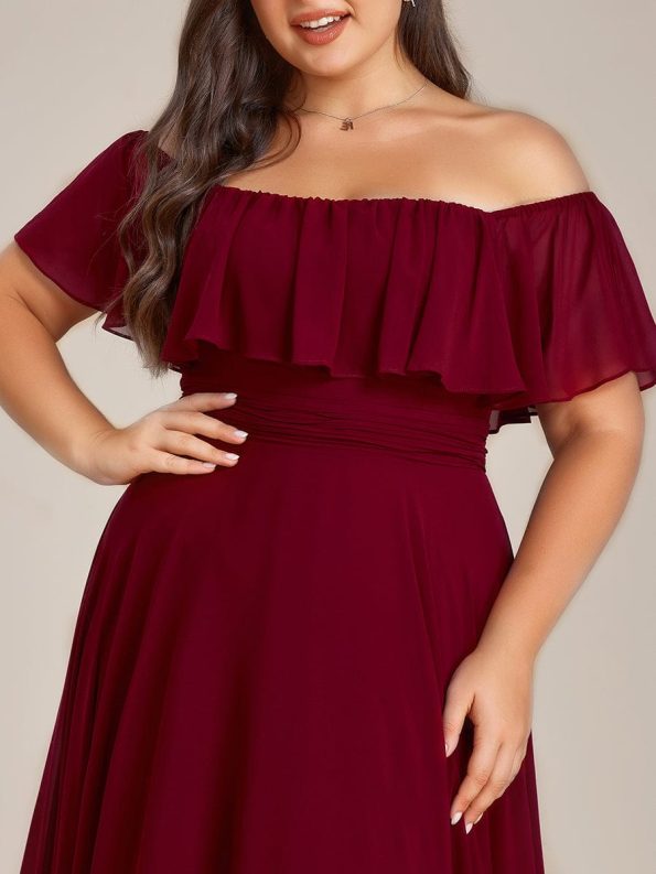 Plus Size Flowy Chiffon High-Low Off The Shoulder Bridesmaid Dress - Burgundy