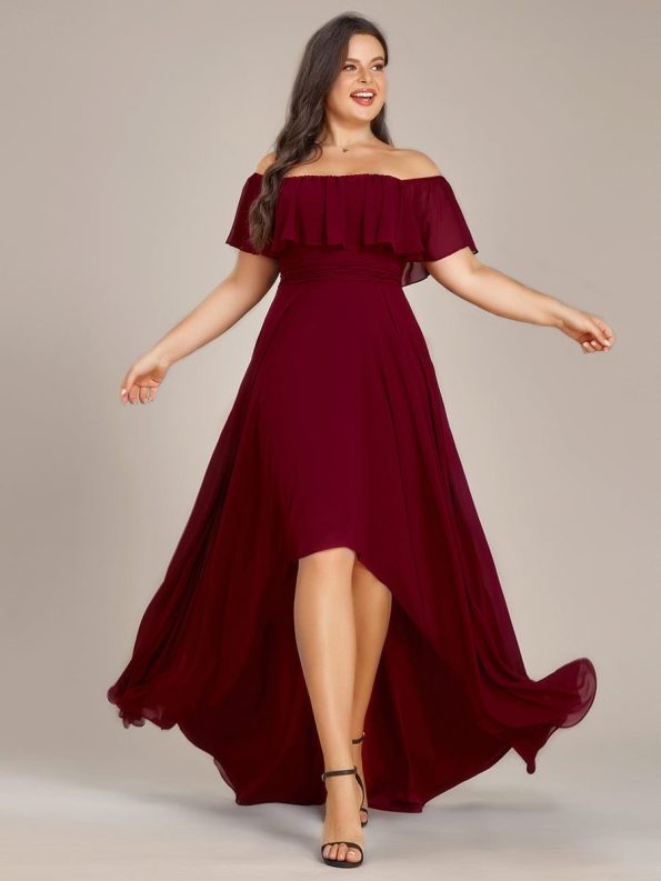 Plus Size Flowy Chiffon High-Low Off The Shoulder Bridesmaid Dress - Burgundy