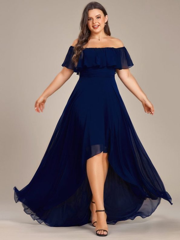 Plus Size Flowy Chiffon High-Low Off The Shoulder Bridesmaid Dress - Navy Blue