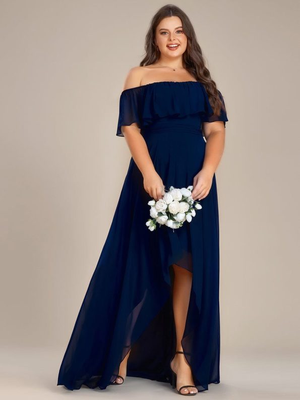 Plus Size Flowy Chiffon High-Low Off The Shoulder Bridesmaid Dress - Navy Blue