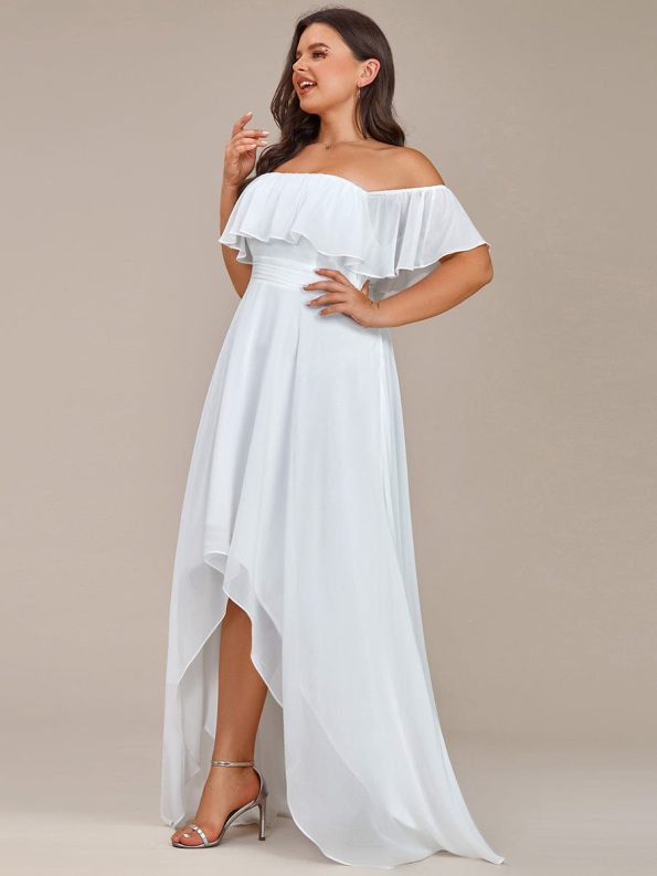 Plus Size Flowy Chiffon High-Low Off The Shoulder Bridesmaid Dress - White