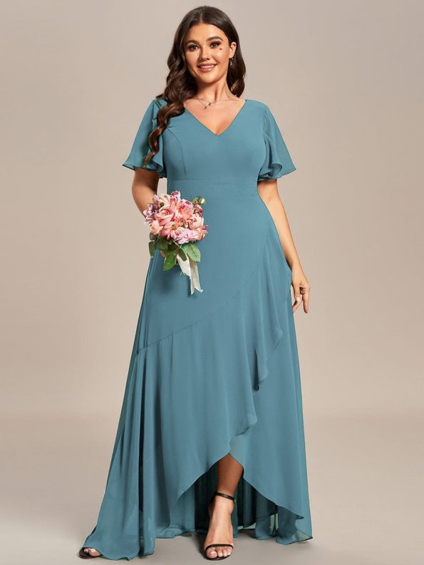 Plus Size Elegant Lotus Sleeves Chiffon Bridesmaid Dress - Dusty Blue