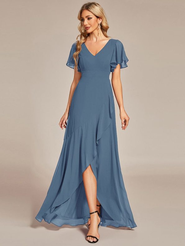 Charming Chiffon Bridesmaid Dress with Lotus Leaf Hemline - Dusty Navy