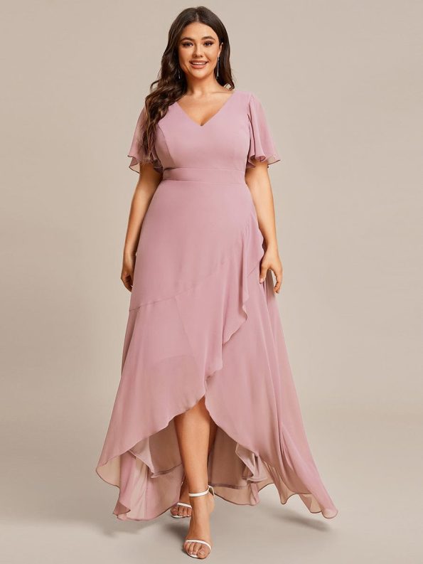 Plus Size Elegant Lotus Sleeves Chiffon Bridesmaid Dress - Dusty Rose