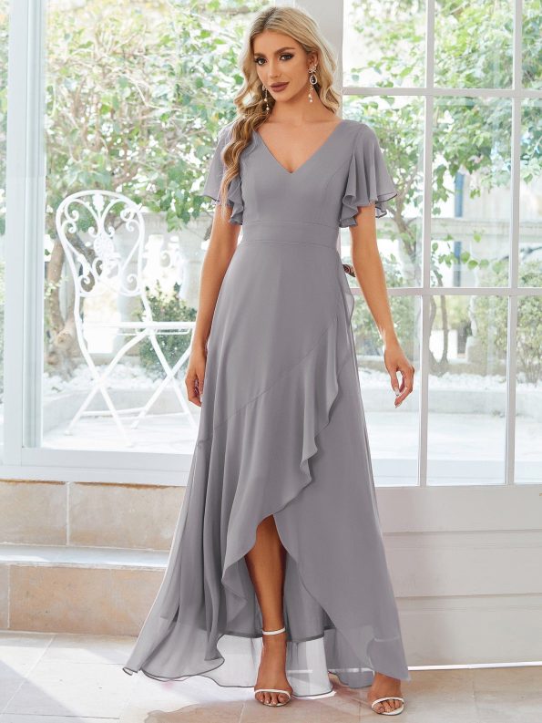 Charming Chiffon Bridesmaid Dress with Lotus Leaf Hemline - Grey