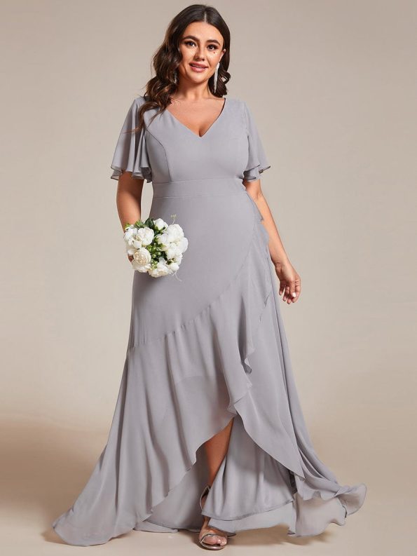 Plus Size Elegant Lotus Sleeves Chiffon Bridesmaid Dress - Grey