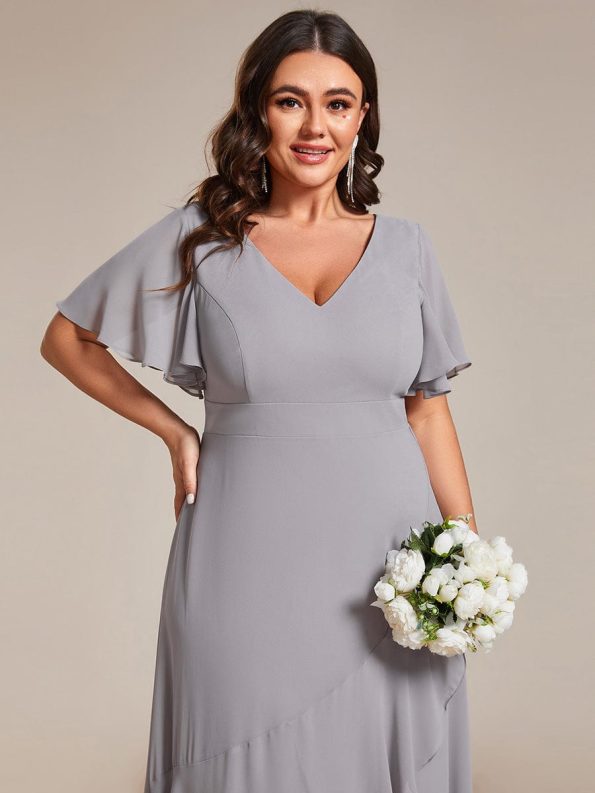 Plus Size Elegant Lotus Sleeves Chiffon Bridesmaid Dress - Grey