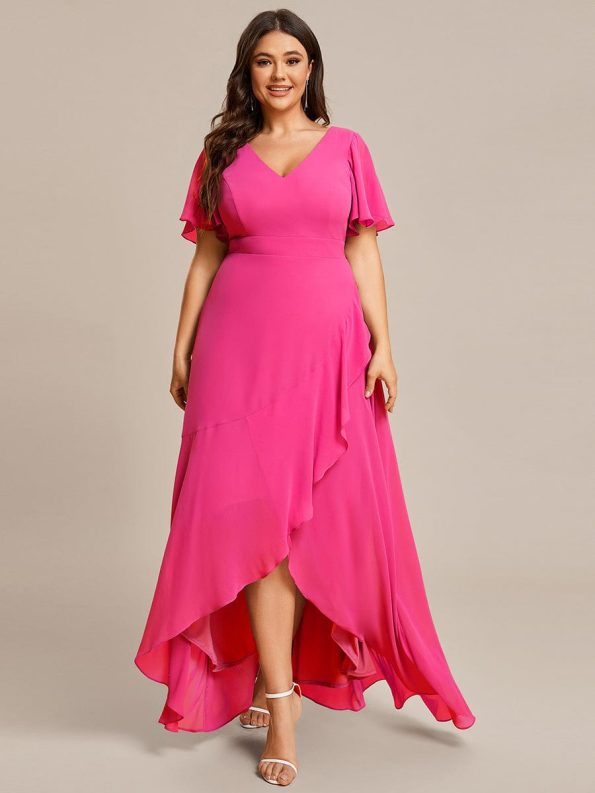 Plus Size Elegant Lotus Sleeves Chiffon Bridesmaid Dress - Hot Pink