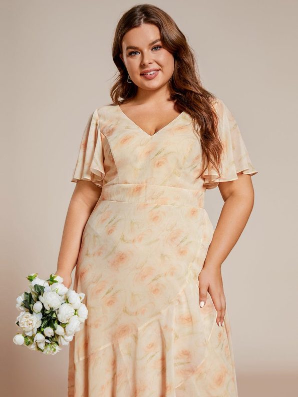 Plus Size Elegant Lotus Sleeves Chiffon Bridesmaid Dress - Golden Roses