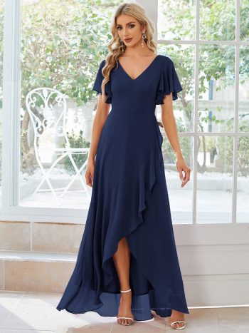 Charming Chiffon Bridesmaid Dress with Lotus Leaf Hemline - Navy Blue