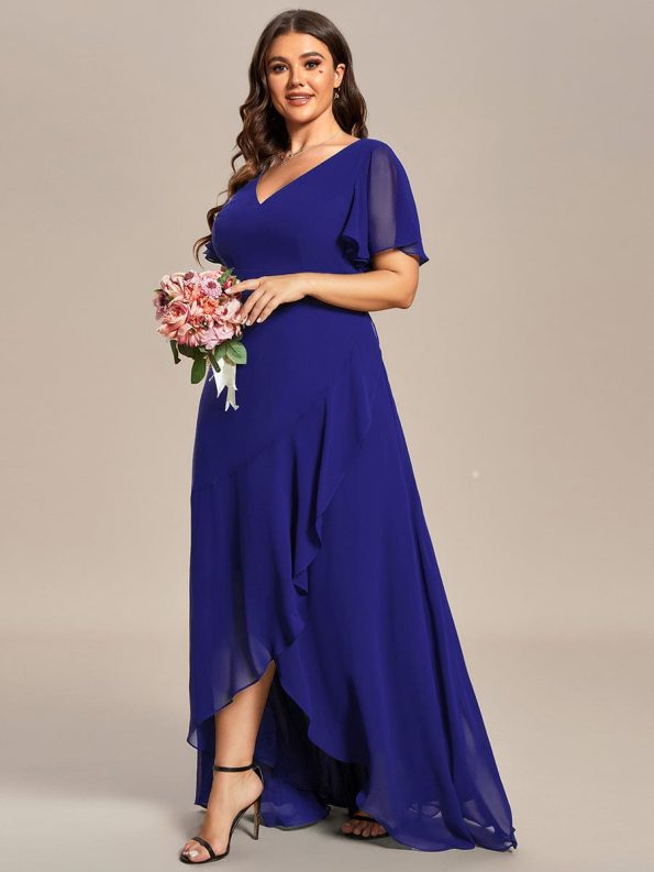 Plus Size Elegant Lotus Sleeves Chiffon Bridesmaid Dress - Sapphire Blue