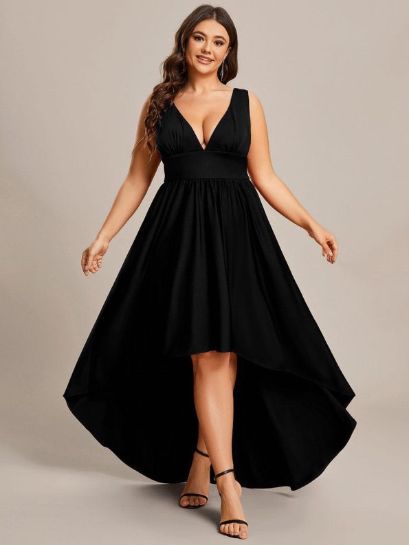 Plus Size Elegant High-Low Sleeveless Empire Waist Bridesmaid Dress - Black