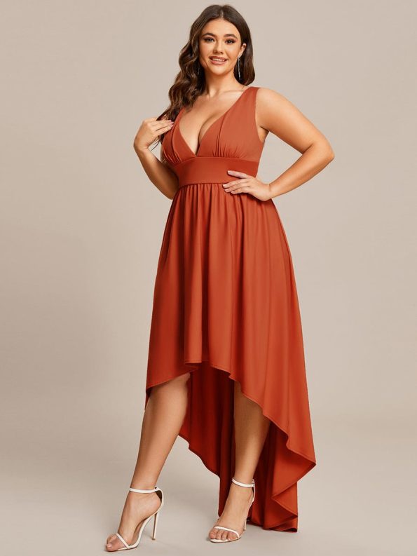 Plus Size Elegant High-Low Sleeveless Empire Waist Bridesmaid Dress - Burnt Orange