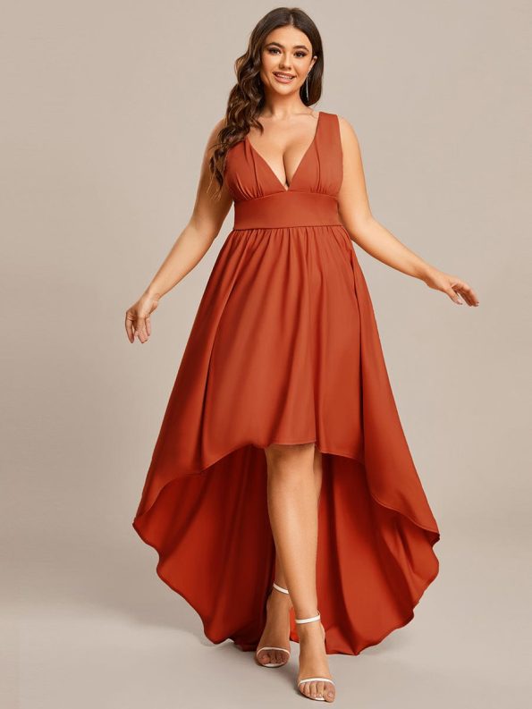 Plus Size Elegant High-Low Sleeveless Empire Waist Bridesmaid Dress - Burnt Orange