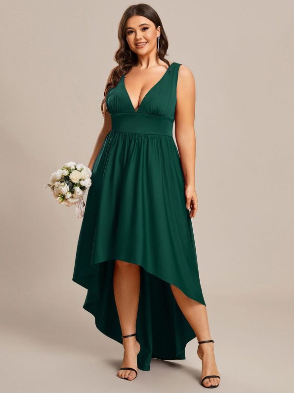 Plus Size Elegant High-Low Sleeveless Empire Waist Bridesmaid Dress - Dark Green