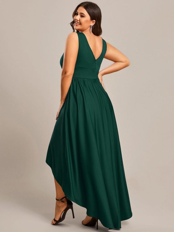 Plus Size Elegant High-Low Sleeveless Empire Waist Bridesmaid Dress - Dark Green