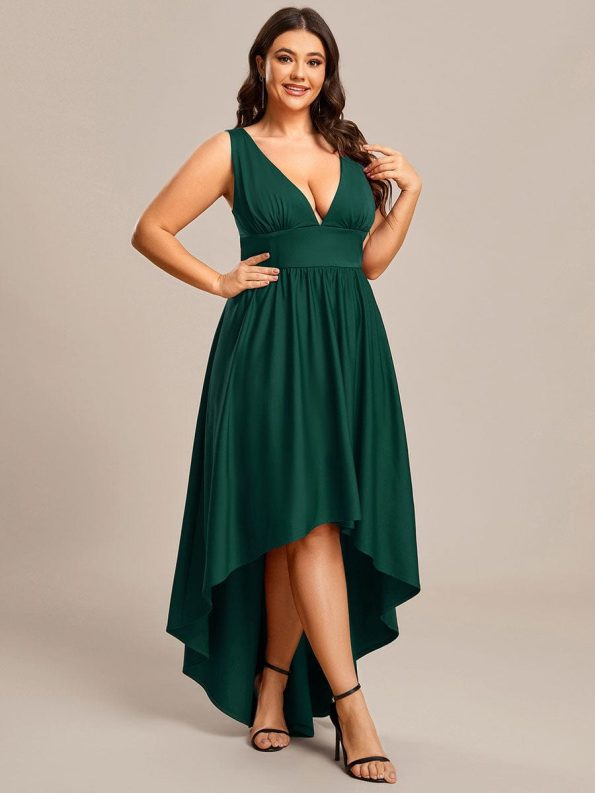 Plus Size Elegant High-Low Sleeveless Empire Waist Bridesmaid Dress - Dark Green