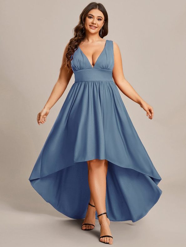 Plus Size Elegant High-Low Sleeveless Empire Waist Bridesmaid Dress - Dusty Navy