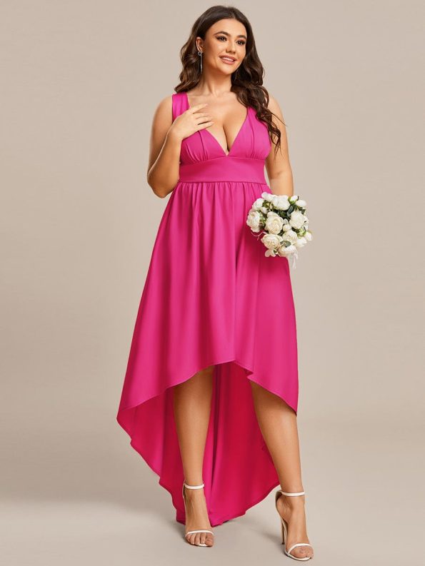 Plus Size Elegant High-Low Sleeveless Empire Waist Bridesmaid Dress - Hot Pink