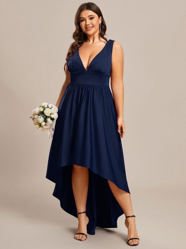 Plus Size Elegant High-Low Sleeveless Empire Waist Bridesmaid Dress - Navy Blue