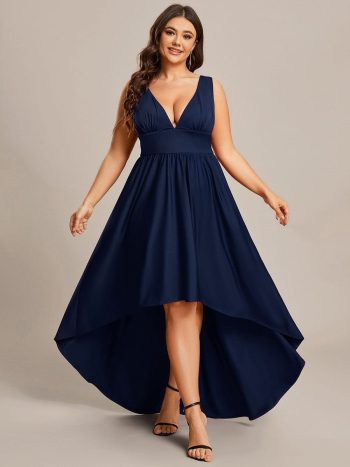 Plus Size Elegant High-Low Sleeveless Empire Waist Bridesmaid Dress - Navy Blue