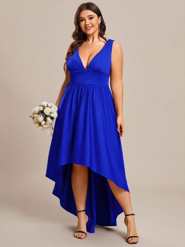 Plus Size Elegant High-Low Sleeveless Empire Waist Bridesmaid Dress - Sapphire Blue