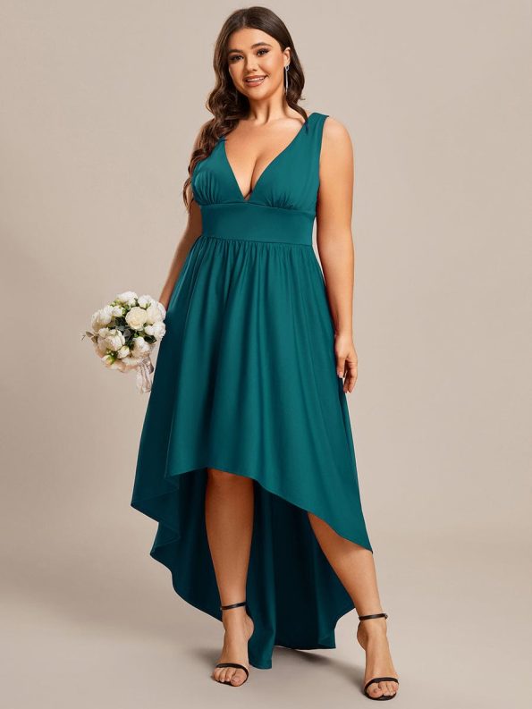 Plus Size Elegant High-Low Sleeveless Empire Waist Bridesmaid Dress - Teal