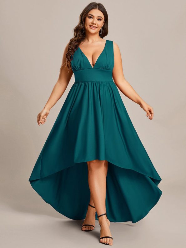 Plus Size Elegant High-Low Sleeveless Empire Waist Bridesmaid Dress - Teal