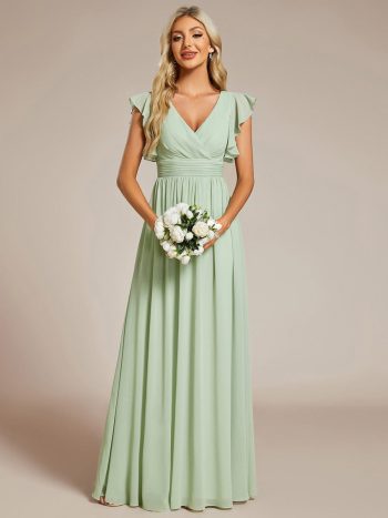 Back Cutout A-Line Pleated Ruffles Sleeve Chiffon Bridesmaid Dress - Mint Green