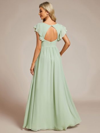 Back Cutout A-Line Pleated Ruffles Sleeve Chiffon Bridesmaid Dress - Mint Green