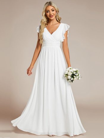 Back Cutout A-Line Pleated Ruffles Sleeve Chiffon Bridesmaid Dress - White