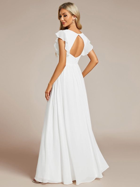 Back Cutout A-Line Pleated Ruffles Sleeve Chiffon Bridesmaid Dress - White